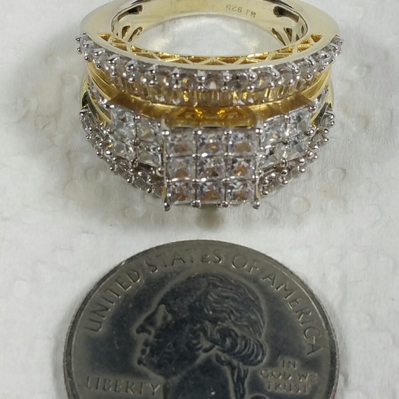 DESIGNER SJ CZ GOLD PLATE STERLING SILVER RING - Picture 2 of 8